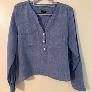 Talbots Blue Buttoned Linen Blouse with Mandarin Collar
